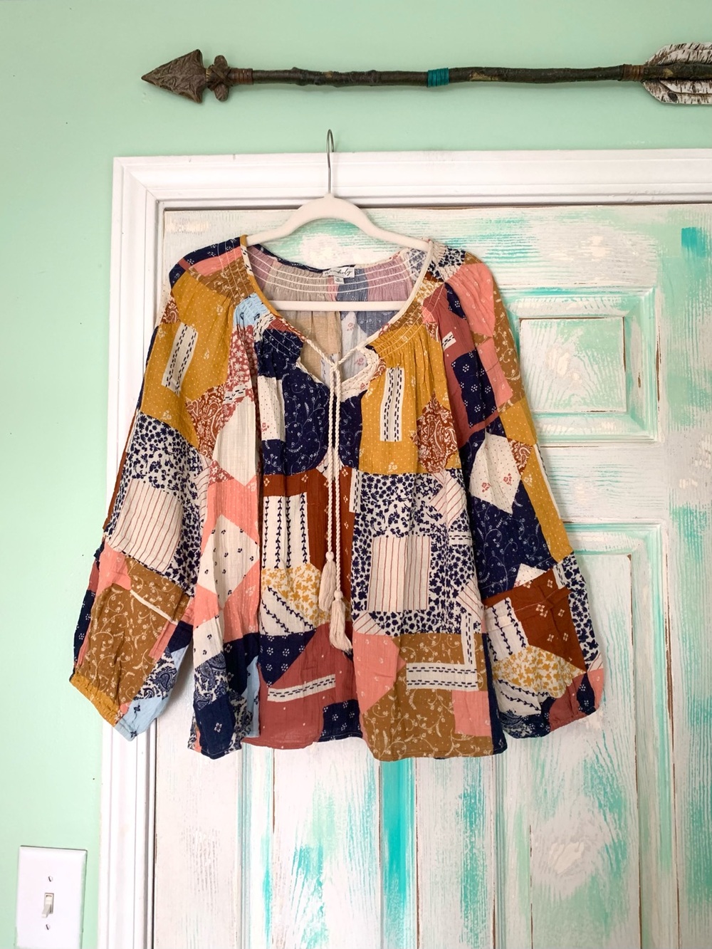 Wonderly Patchwork Boho Balloon Sleeve Peasant Blouse Top XL